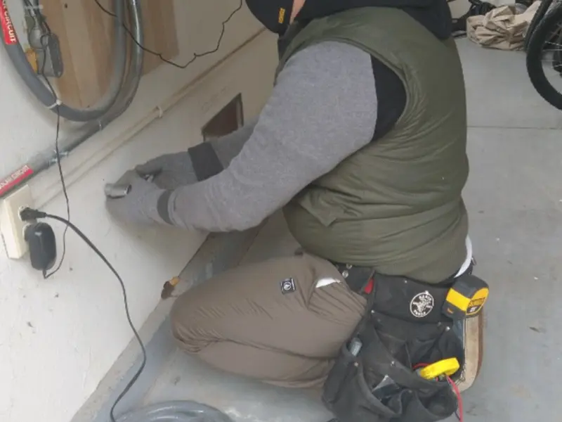 Electrician performing outlet wiring in a Goshen garage